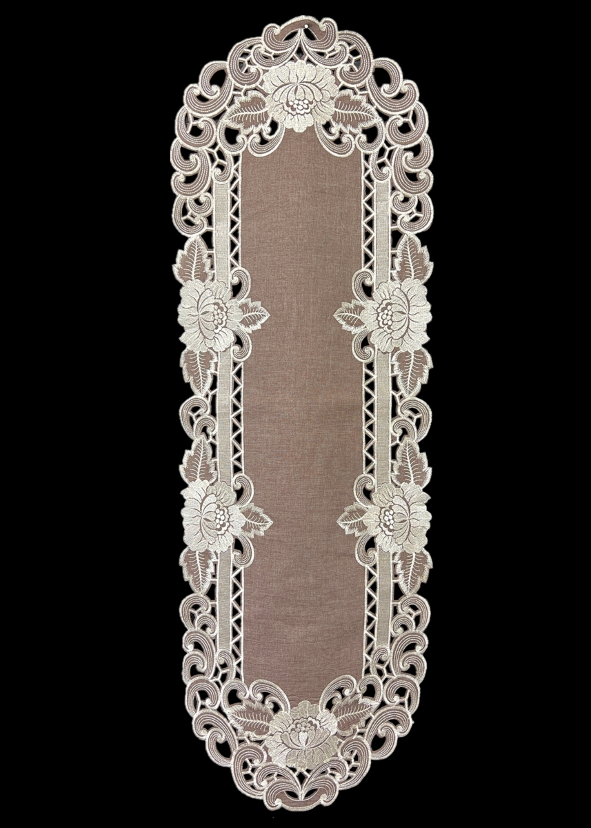Picture of Jiallo 8810/KF/15x44 Cocoa Linen Embroidered Cutwork Rectangular Table Runner, 15 by 44 inch Table Linen Decor
