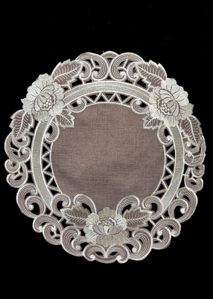 Picture of Jiallo 8810/KF/16RD Cocoa Linen Embroidered Cutwork Round Placemat, 16-Inch diameter Table Linen Decor