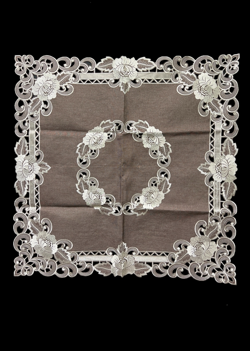Picture of Jiallo 8810/KF/36SQ Cocoa Linen Embroidered Cutwork Square tablecloth, 36 inch Square Table Linen Decor