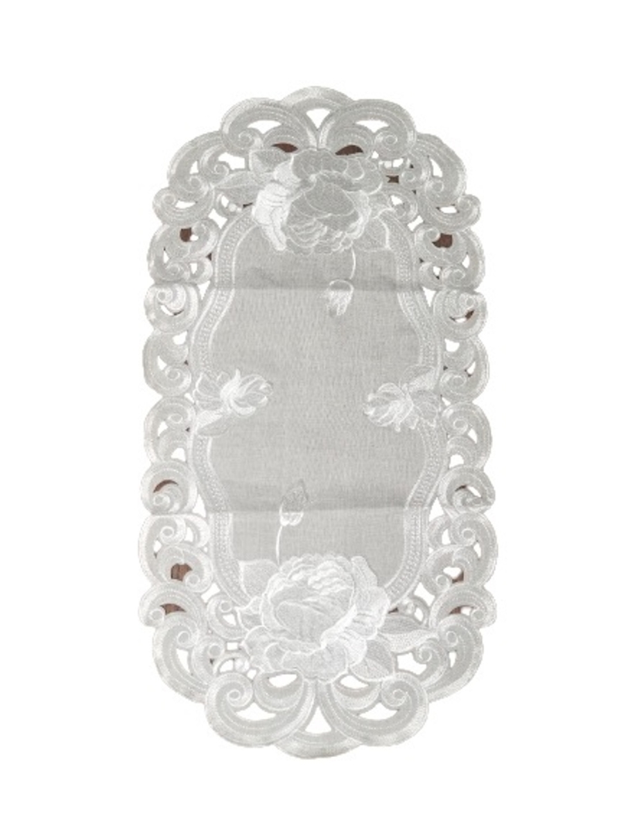 Picture of Jiallo 9490/13x26 Silver Rose Embroidered Cutwork Rectangular Table Runner, 13 by 26 inch Table Linen Decor