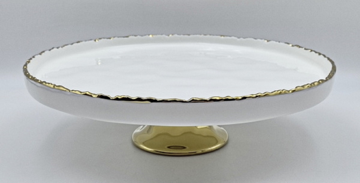 Picture of Jiallo 69419 Simplicity Collection White Porcelain Raised Gold Trim Round Cake Plate with Stand
