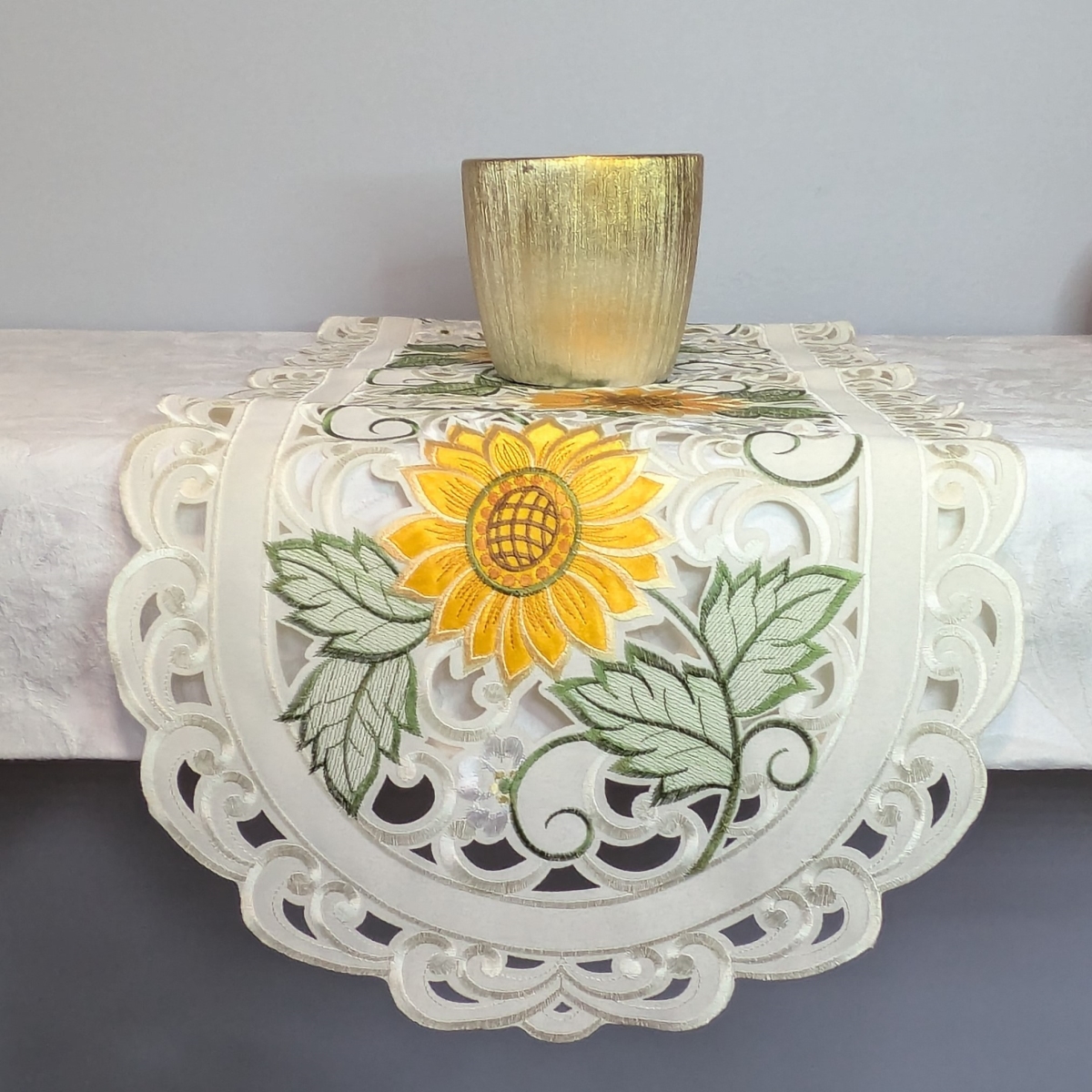 Picture of Jiallo 8710/E/14x28 Sunflower Embroidered Cutwork Rectangular Table Runner, 14 by 28 inch