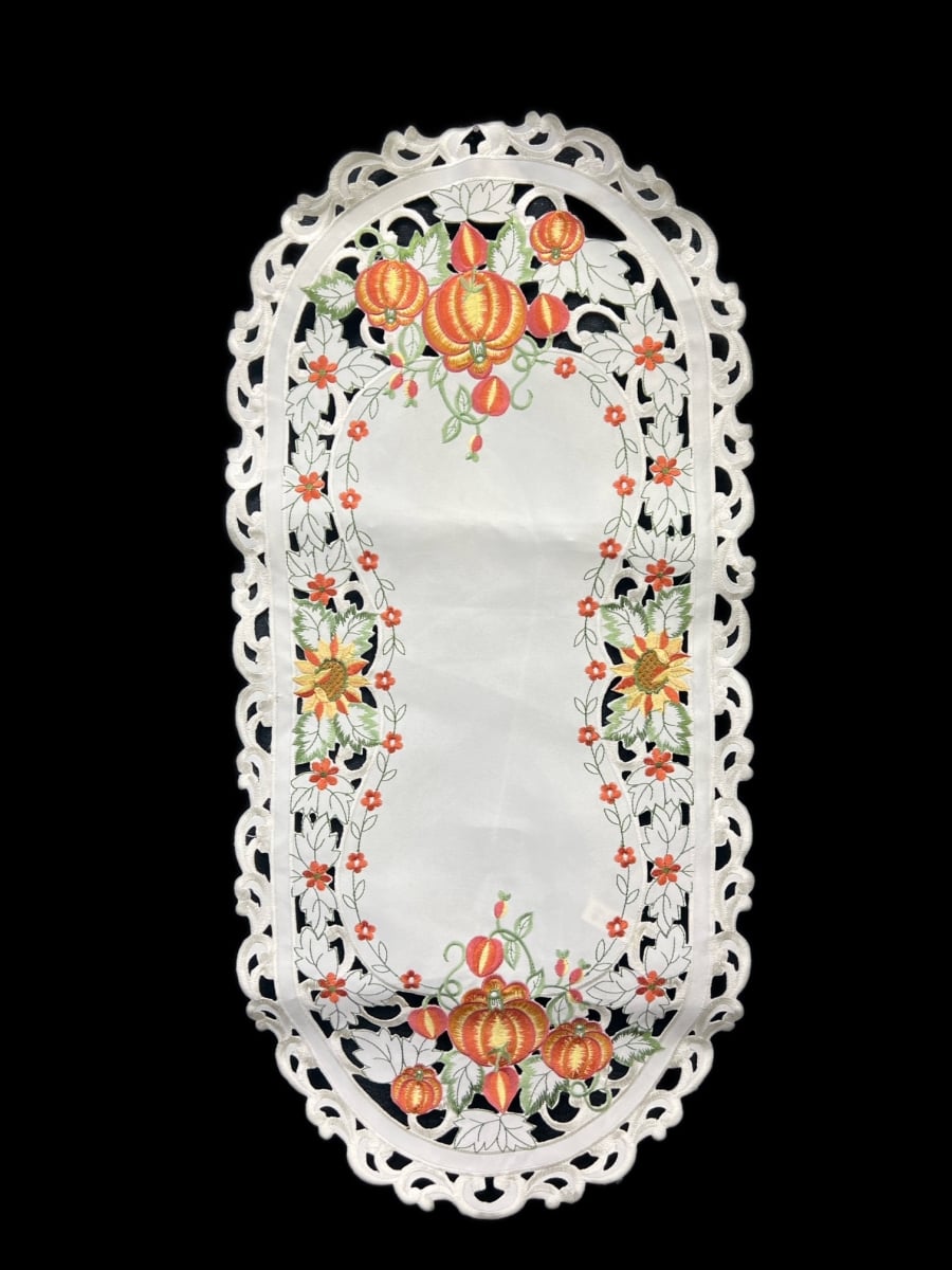 Picture of Jiallo 7855/P/14x28 Pumpkin Embroidered Cutwork Rectangular Table Runner, 13 by 27 inch