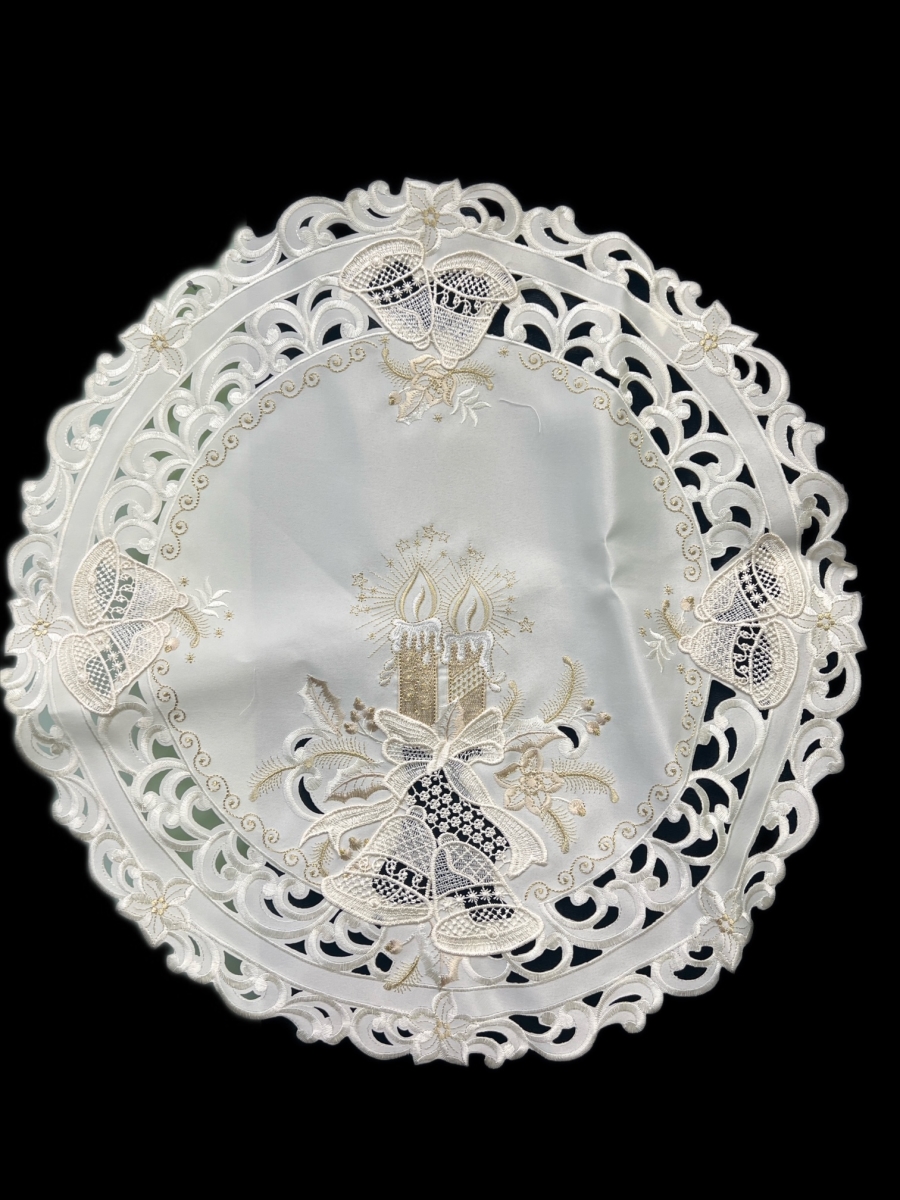 Picture of Jiallo 8675/E/24RD Christmas Candle Beige Lace Embroidered Cutwork Round Placemat, 23-Inch diameter