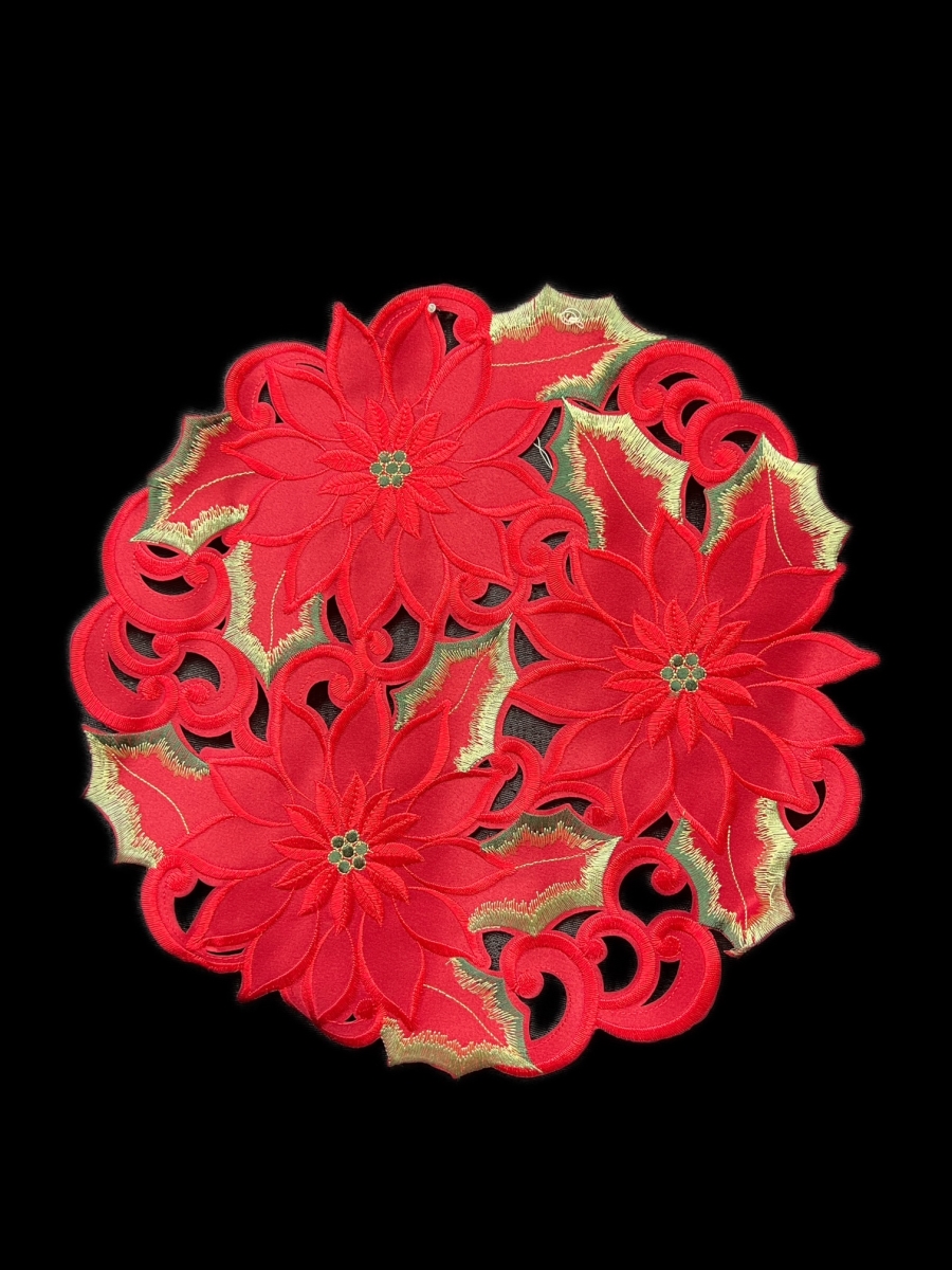 Picture of Jiallo 9251/12RD Poinsettia and Green Leaf Embroidered Cutwork Round Placemat, 12-Inch diameter
