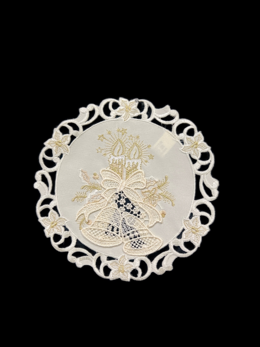 Picture of Jiallo 8675/E/8RD Christmas Candle Beige Lace Embroidered Cutwork Round Placemat, 8-Inch diameter