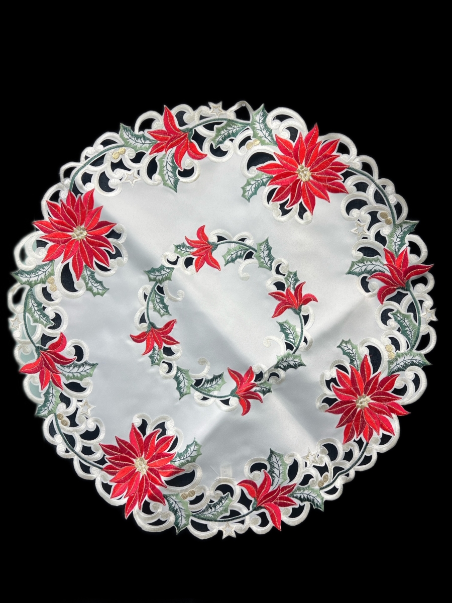 Picture of Jiallo 7795/24RD Christmas Poinsettia Embroidered Cutwork Round Placemat, 23-Inch diameter
