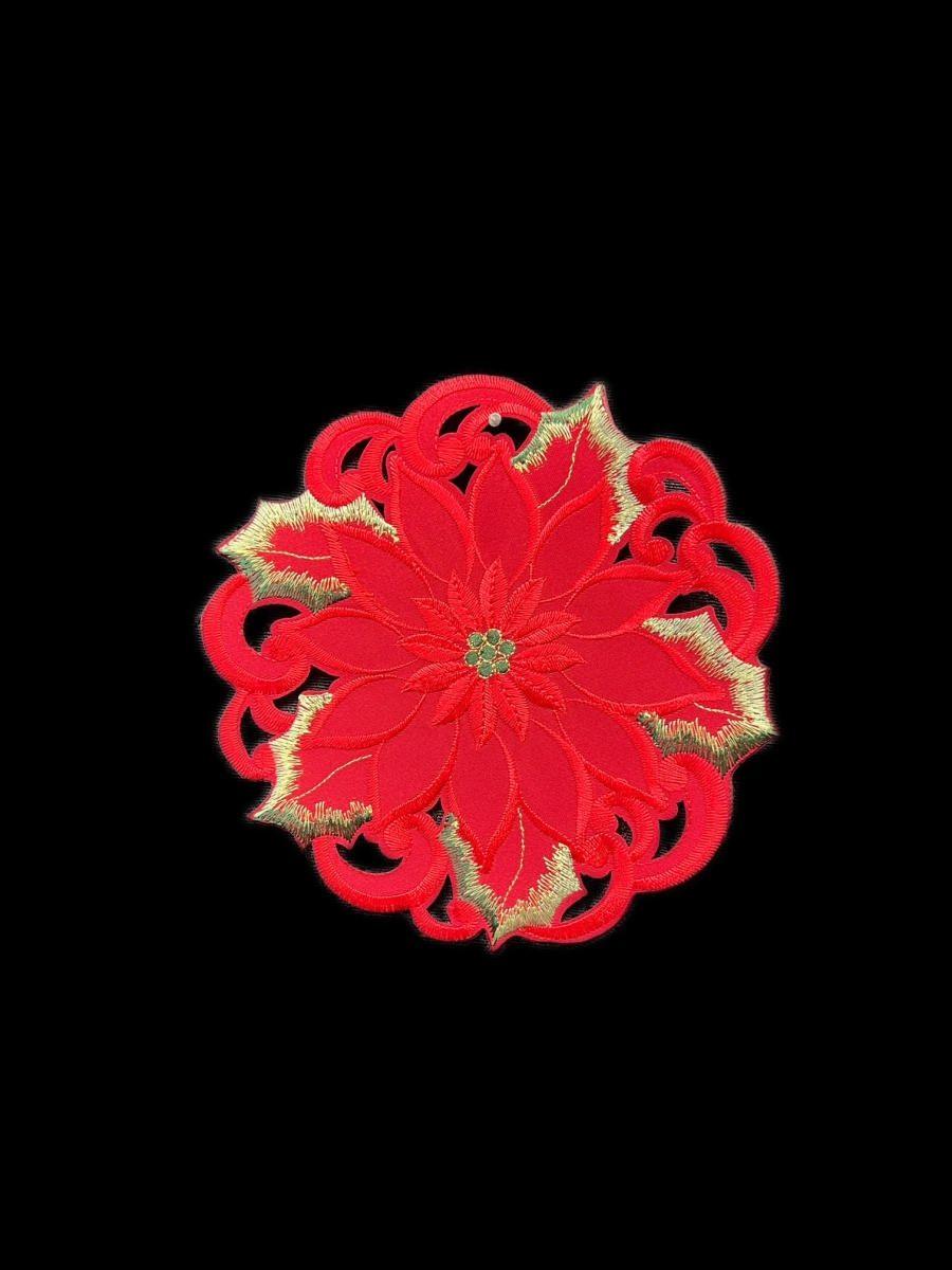 Picture of Jiallo 9251/8RD Poinsettia and Green Leaf Embroidered Cutwork Round Placemat, 8-Inch diameter