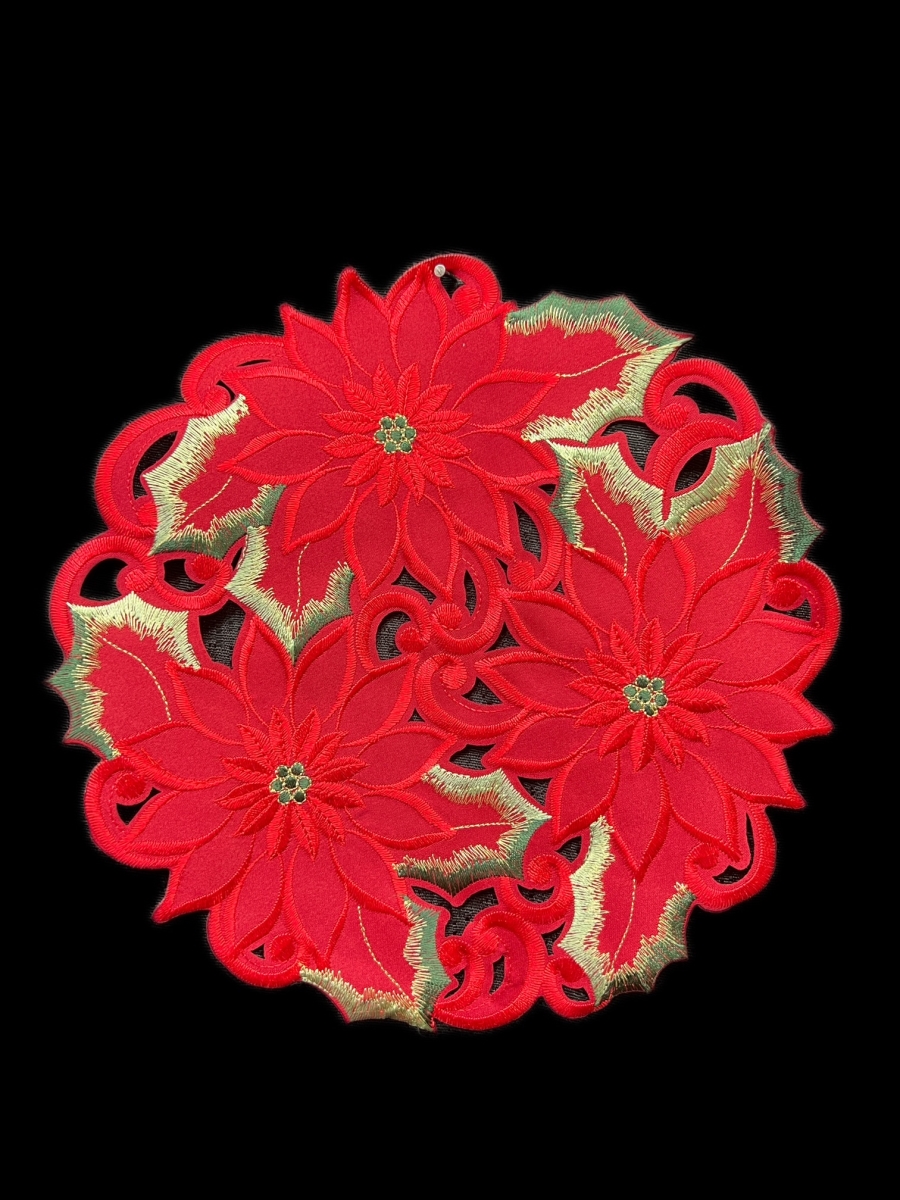 Picture of Jiallo 9251/16RD Poinsettia and Green Leaf Embroidered Cutwork Round Placemat, 15-Inch diameter
