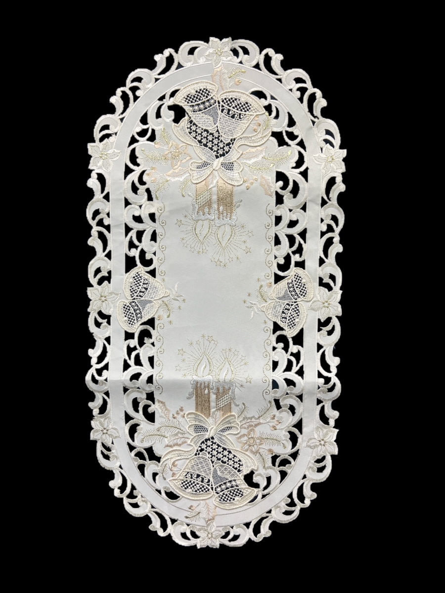 Picture of Jiallo 8675/E/14x28 Christmas Candle Beige Lace Embroidered Cutwork Rectangular Table Runner, 13 by 27 inch