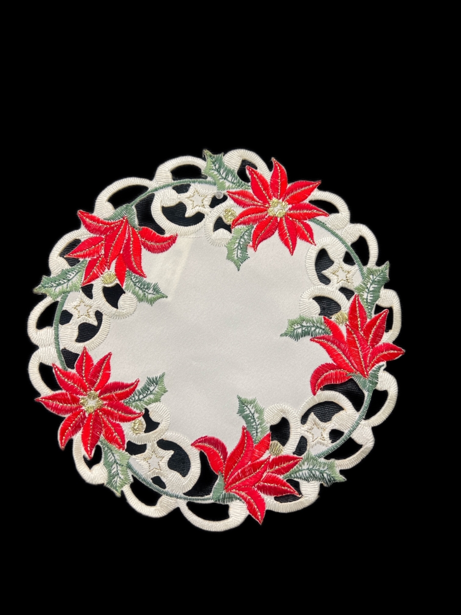 Picture of Jiallo 7795/8RD Christmas Poinsettia Embroidered Cutwork Round Placemat, 8-Inch diameter