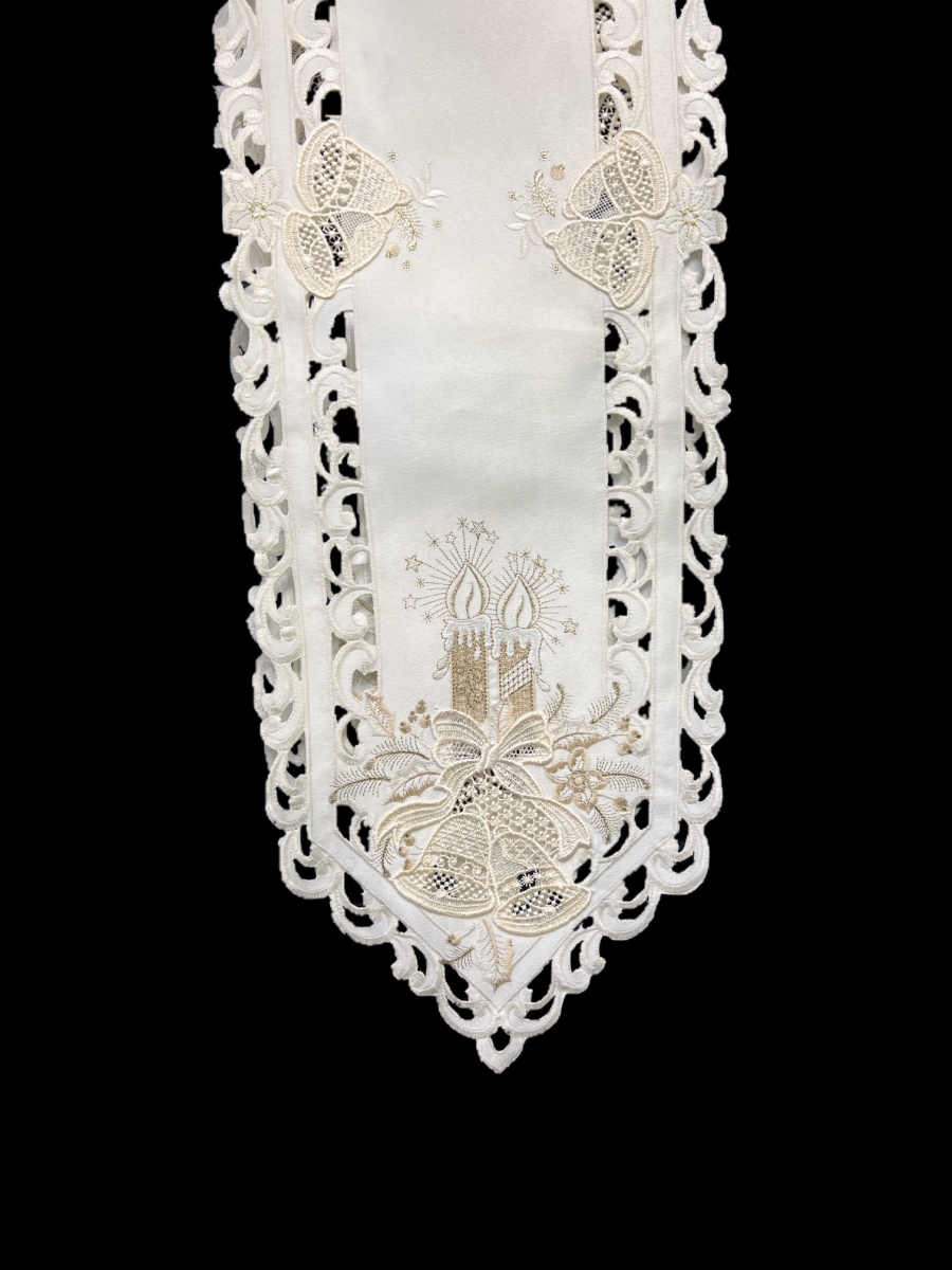Picture of Jiallo 8675/E/12x65 Christmas Candle Beige Lace Embroidered Cutwork Rectangular Table Runner, 11 by 64 inch
