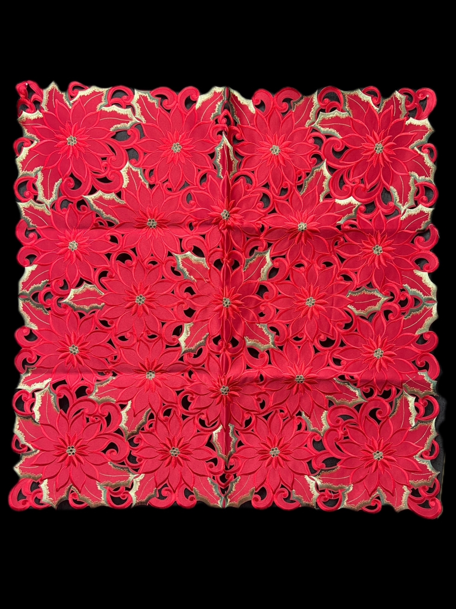Picture of Jiallo 9251/36SQ Poinsettia and Green Leaf Embroidered Cutwork Square tablecloth, 36 inch Square