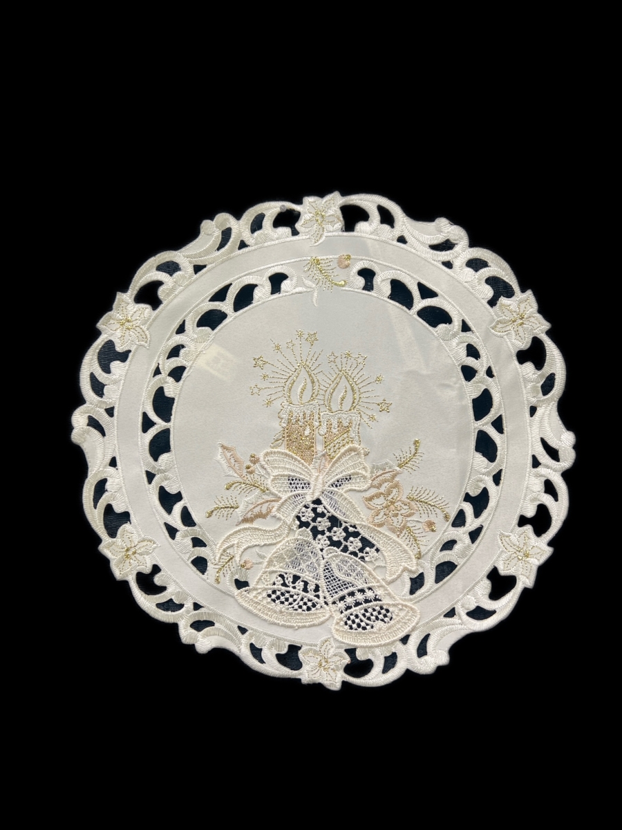 Picture of Jiallo 8675/E/12RD Christmas Candle Beige Lace Embroidered Cutwork Round Placemat, 12-Inch diameter