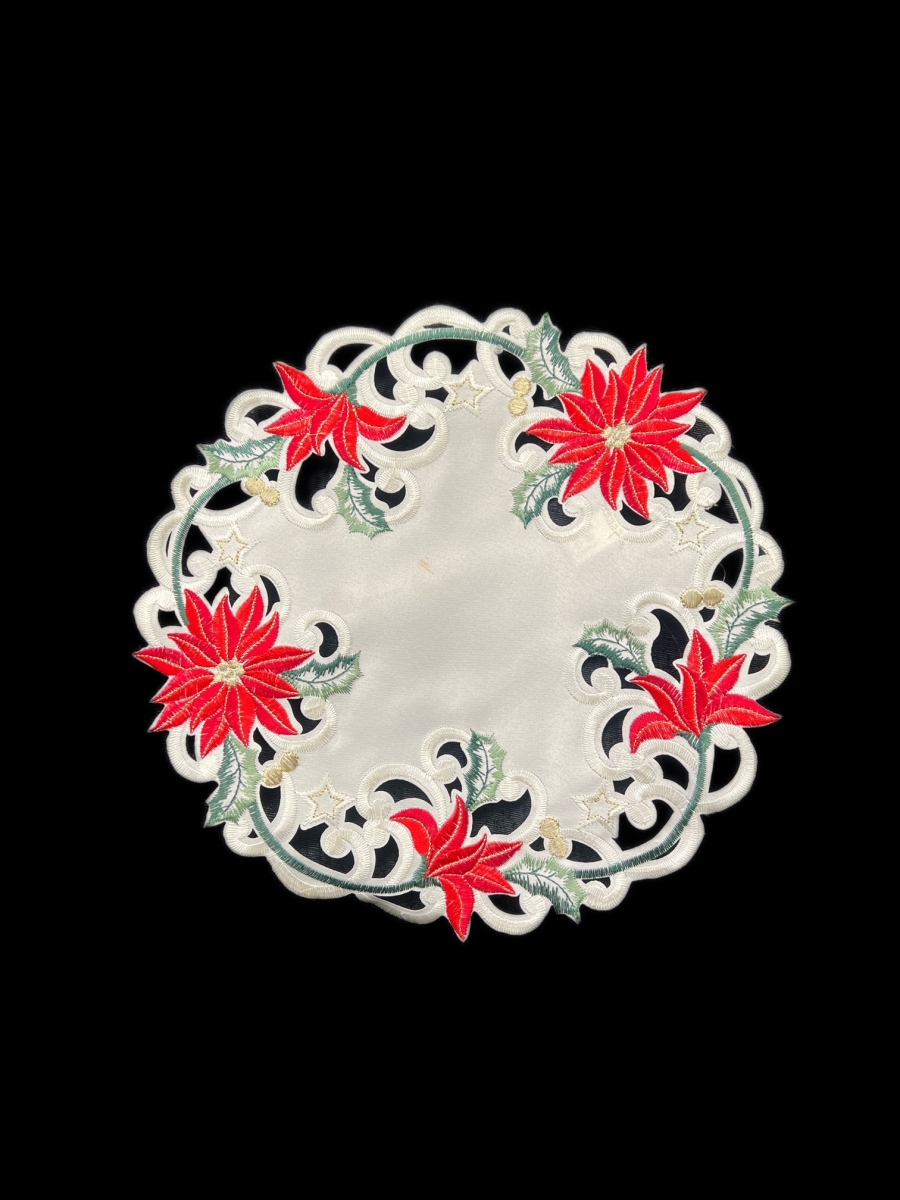 Picture of Jiallo 7795/12RD Christmas Poinsettia Embroidered Cutwork Round Placemat, 12-Inch diameter