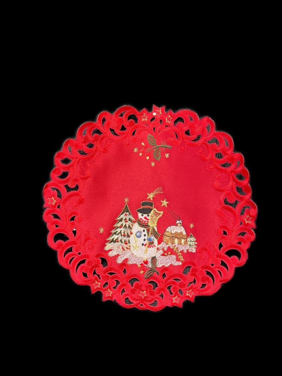 Picture of Jiallo 8058/12RD Snow Man Embroidered Cutwork Round Placemat, 12-Inch diameter