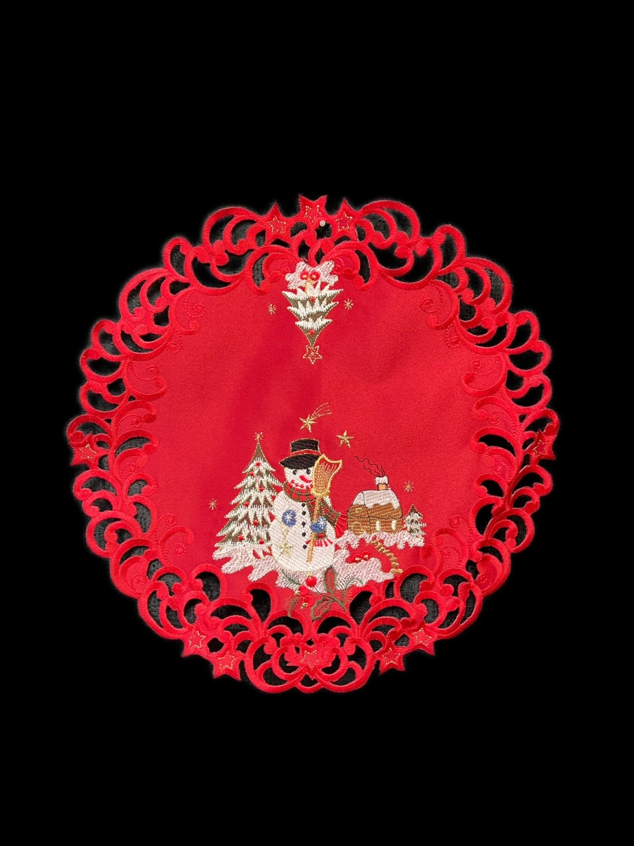 Picture of Jiallo 8058/16RD Snow Man Embroidered Cutwork Round Placemat, 15-Inch diameter