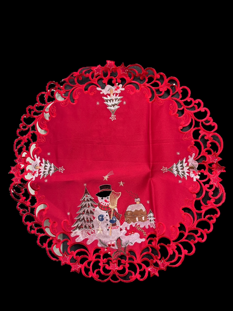 Picture of Jiallo 8058/24RD Snow Man Embroidered Cutwork Round Placemat, 23-Inch diameter