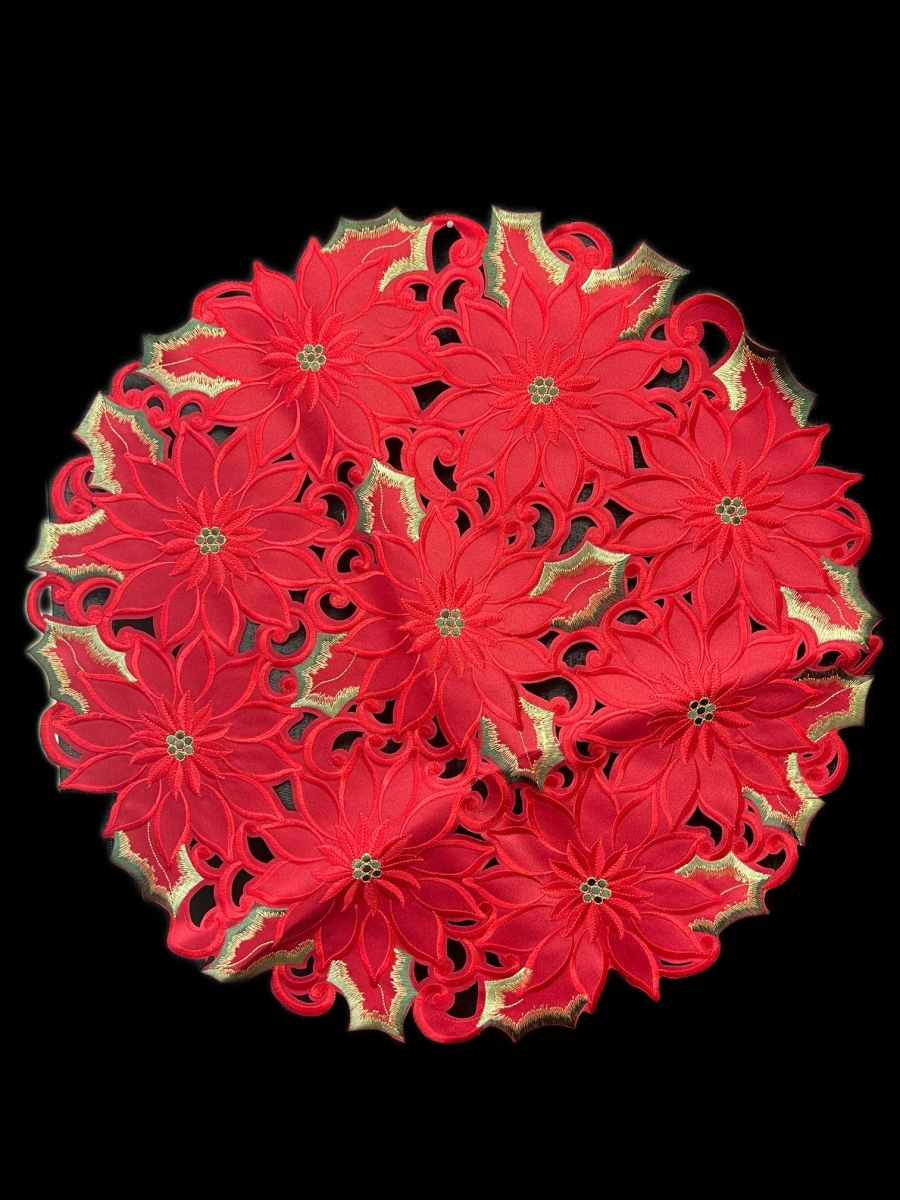 Picture of Jiallo 9251/24RD Poinsettia and Green Leaf Embroidered Cutwork Round Placemat, 23-Inch diameter