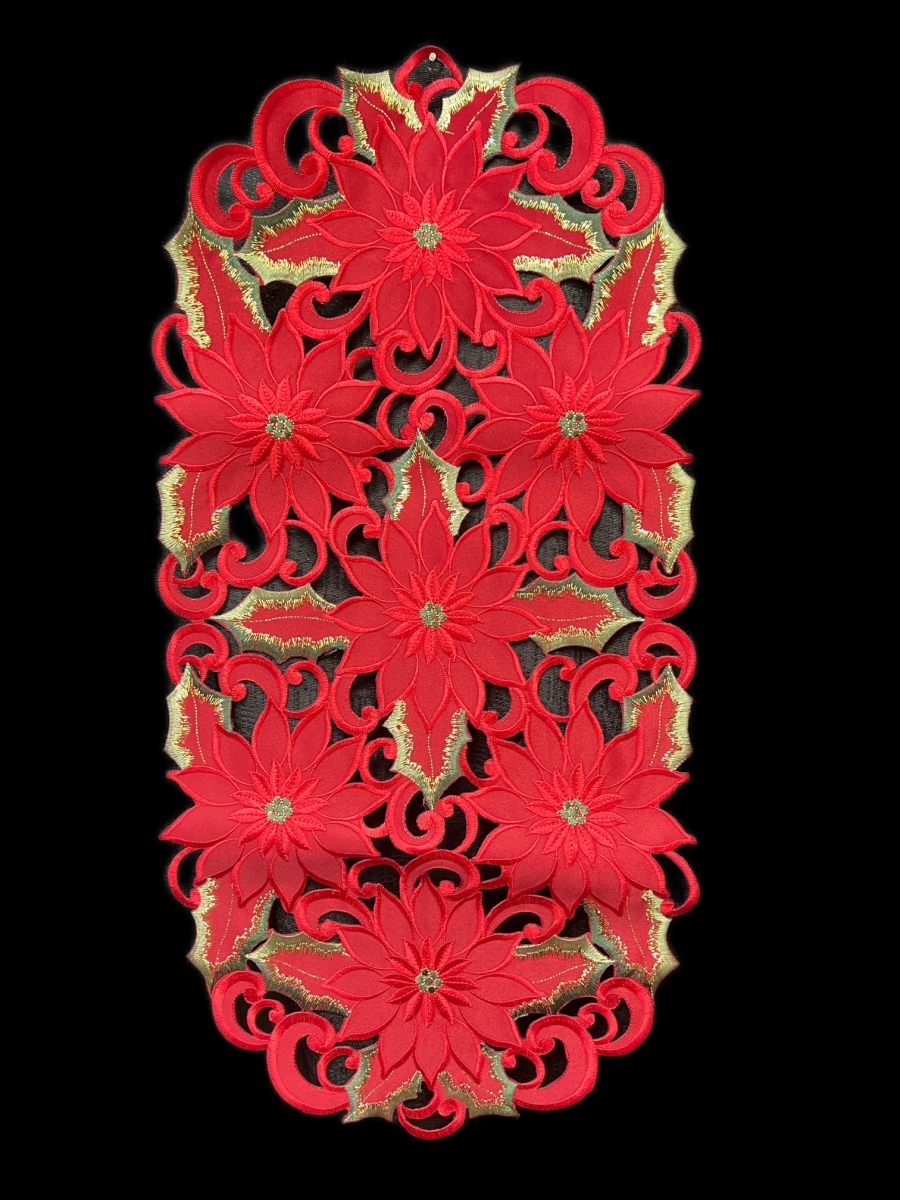 Picture of Jiallo 9251/16x36 Poinsettia and Green Leaf Embroidered Cutwork Rectangular Table Runner, 15 by 34 inch