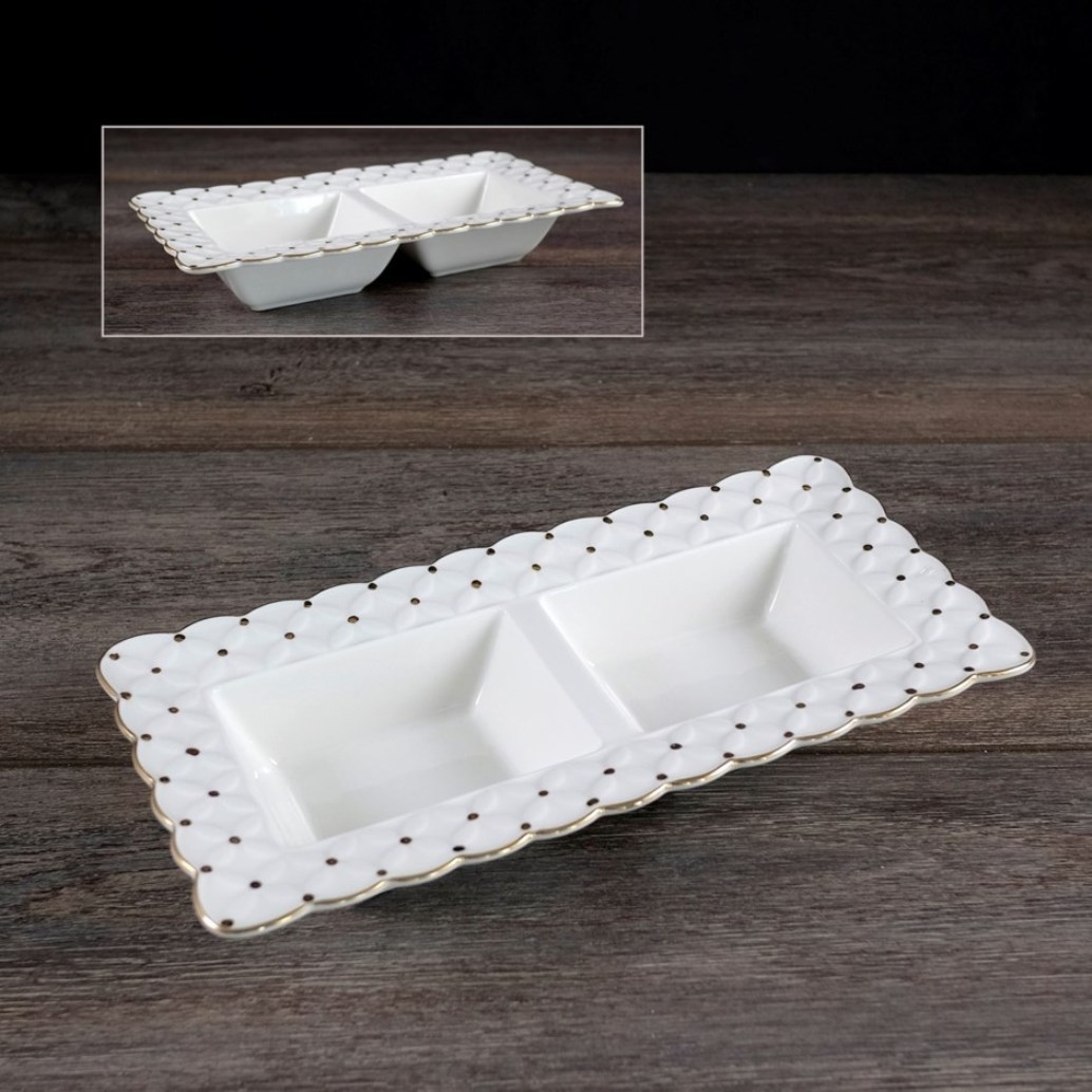 EGV23-740 Ceramic Square Double Section Bowls with Dots Trim 9'