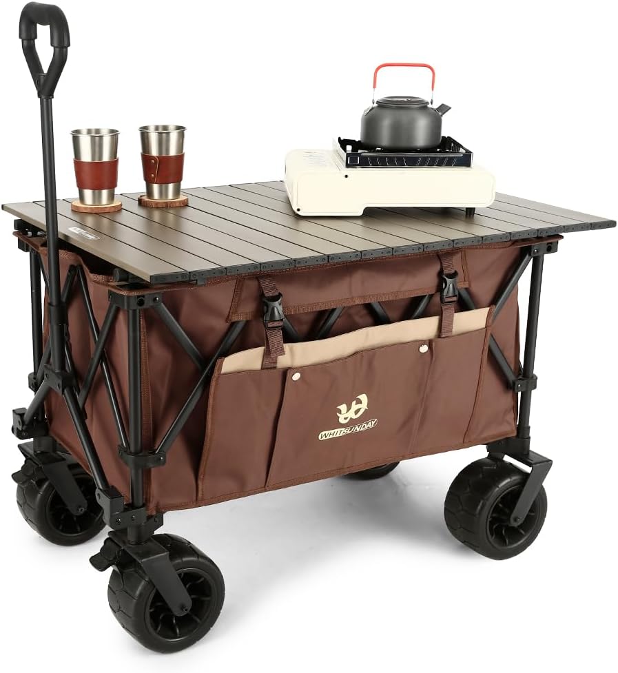 WG2-074PLUS-TB-Brown Moko Compact Plus Outdoor Camping Garden Folding Heavy Duty Wagon Cart, Brown
