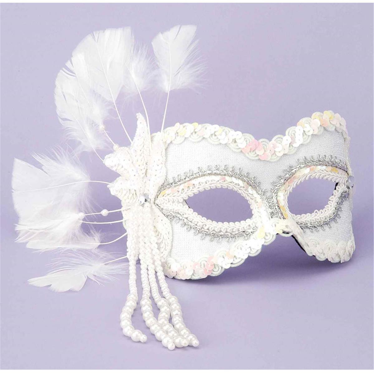Picture of Cutting Edge International 654537 Venetian Half Mask Feathers Beads&#44; White - Normal Size