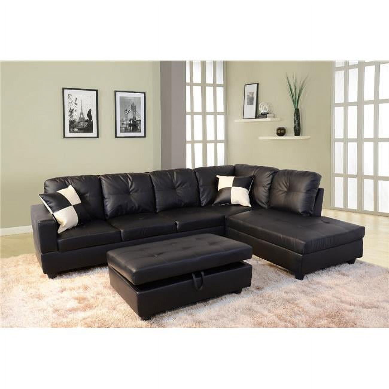 Picture of Beverly Fine Furniture F91B-3pc Cavenzi DelcBlack Faux Leather Right-facing Sectional Sofa Set