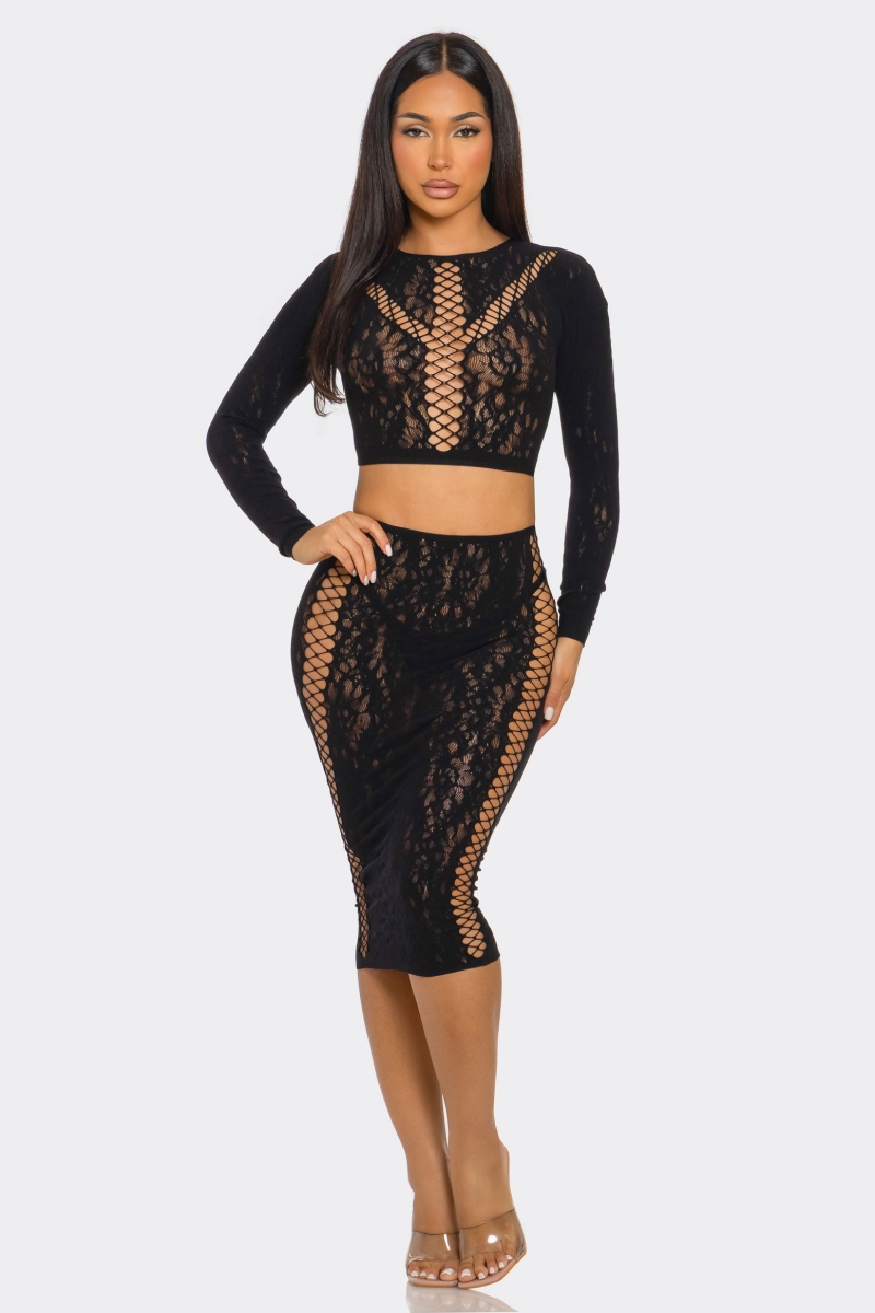 2748-BLK-OS Womens 2 Piece Lace Daze Bodystocking Set, Black - One Size