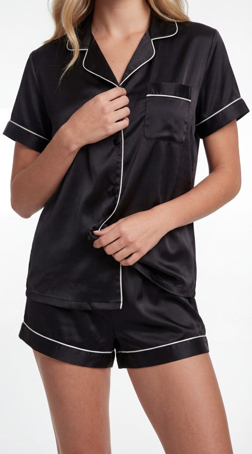 2951-BLK-M Womens 2 Piece Satin Pajamas Set with Piping, Black - Medium