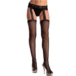 BW613B Nylon Lace Top Stripe Thigh High Stockings, Black - One Size