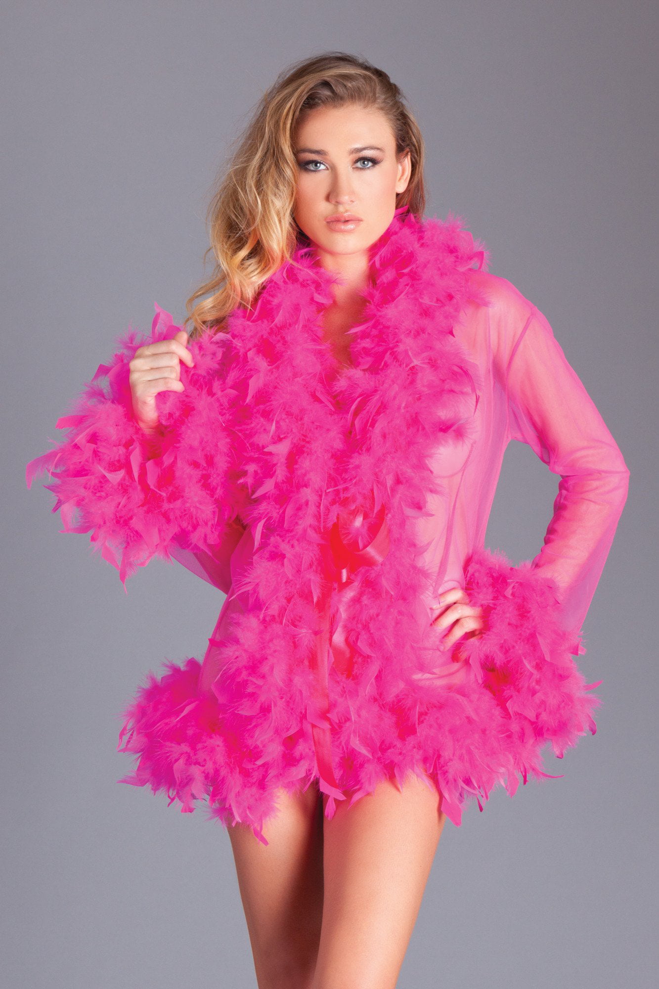 Picture of Be Wicked BW834SHP Knee Length Feather Robe with Ribbon Tiers&#44; Hot Pink - One Size
