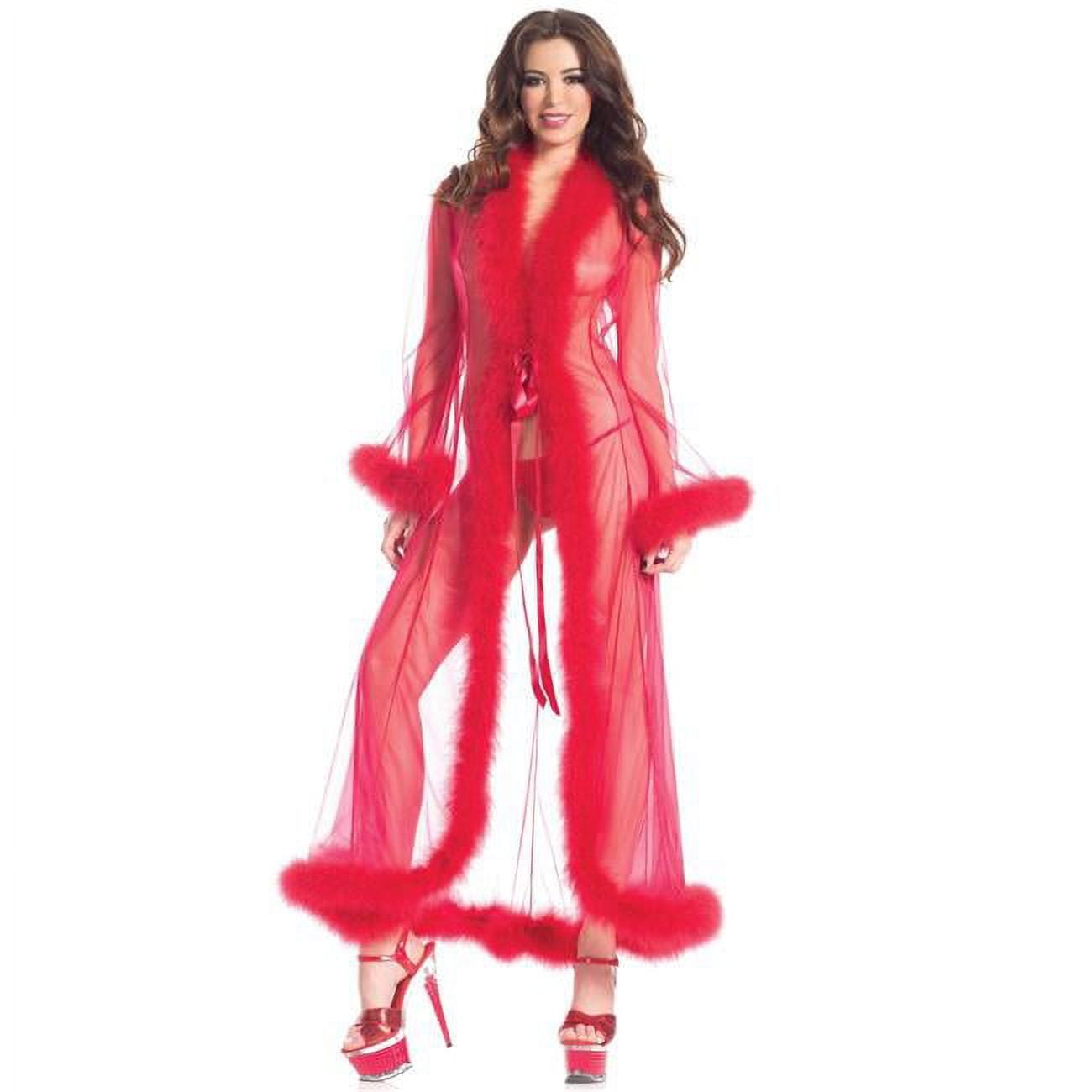 BW1650RD Full-Length Sheer Robe with Marabou Feather Trim, Red - One Size -  Be Wicked