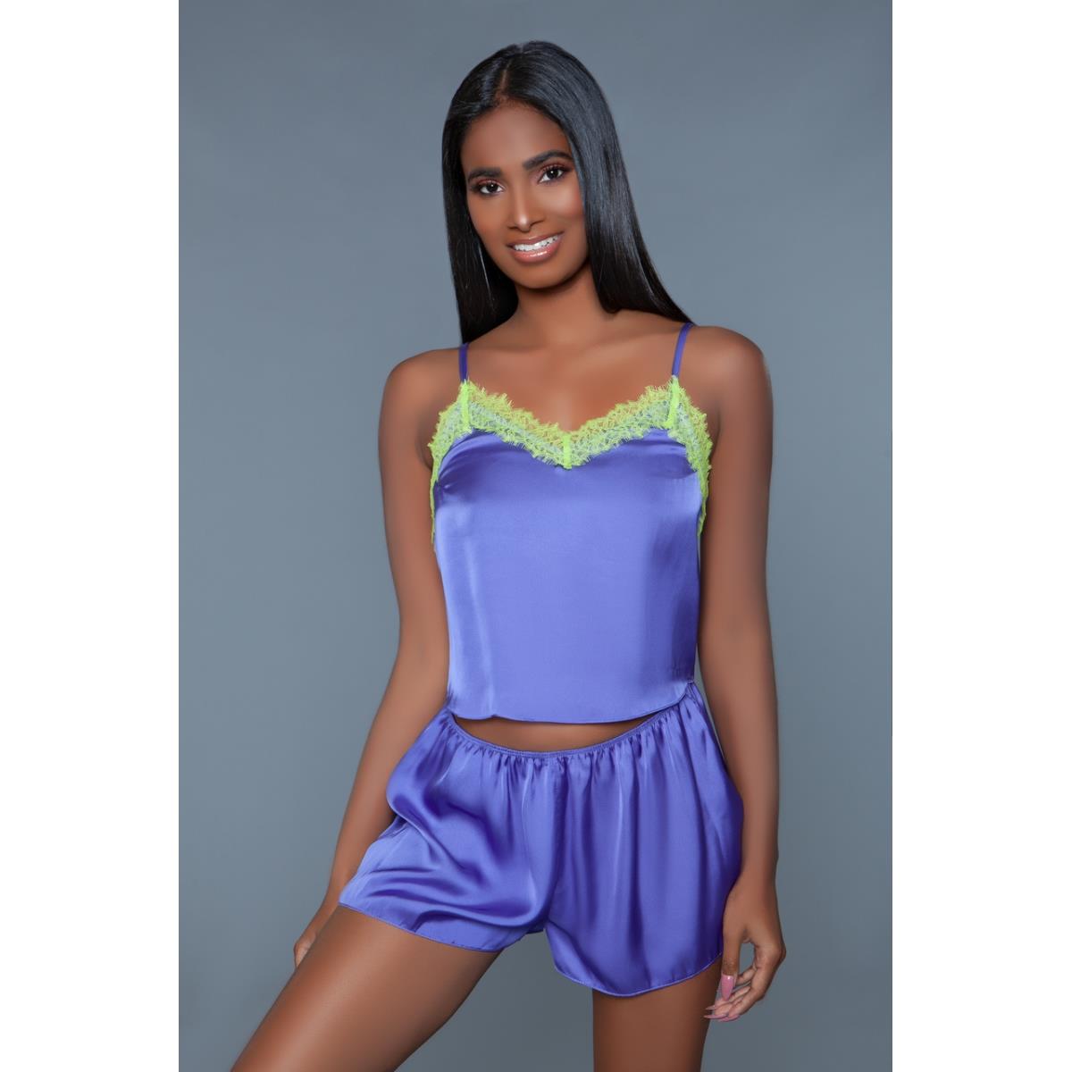 Picture of BeWicked 2031-PNY-S Callie Satin Set&#44; Purple & Neon Yellow - Small - 2 Piece