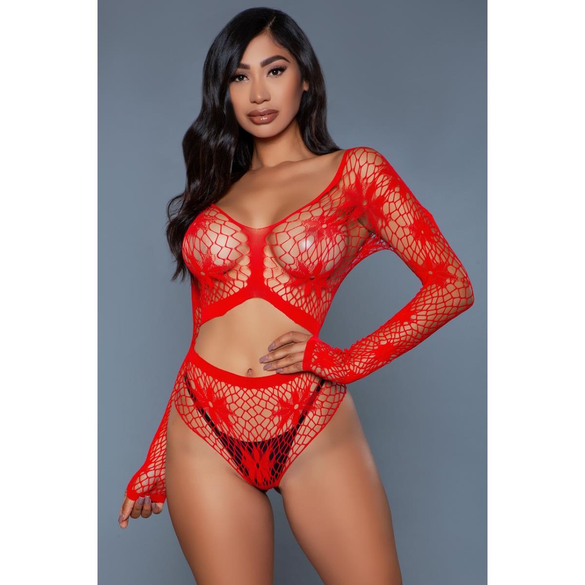 Picture of BeWicked 2153-RD-OS Floral Delight Bodystocking&#44; Red - One Size
