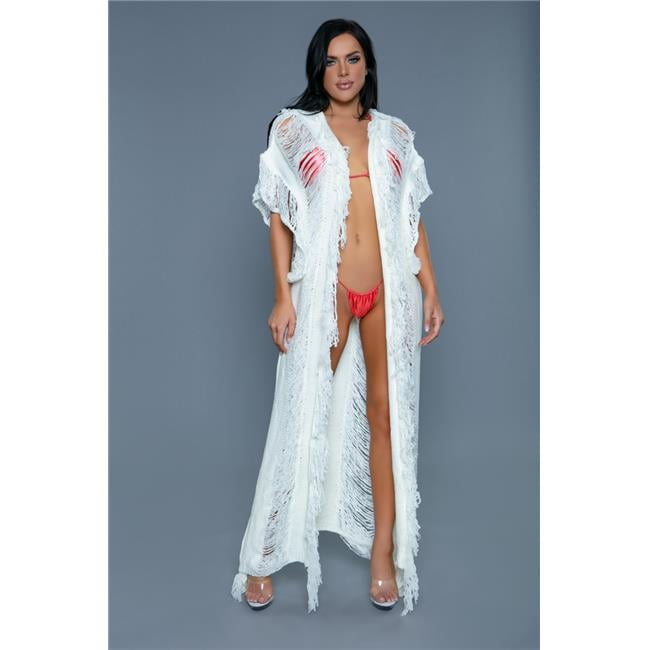 2299-WH-S-M Vivian Full Length Crochet Cover-Ups, White - Small & Medium