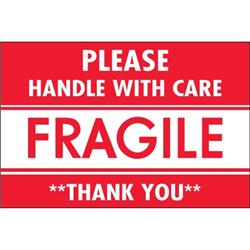 Tape Logic DL2157 2 x 3 in. - Fragile - Handle with Care Labels, Red & White - Roll of 500