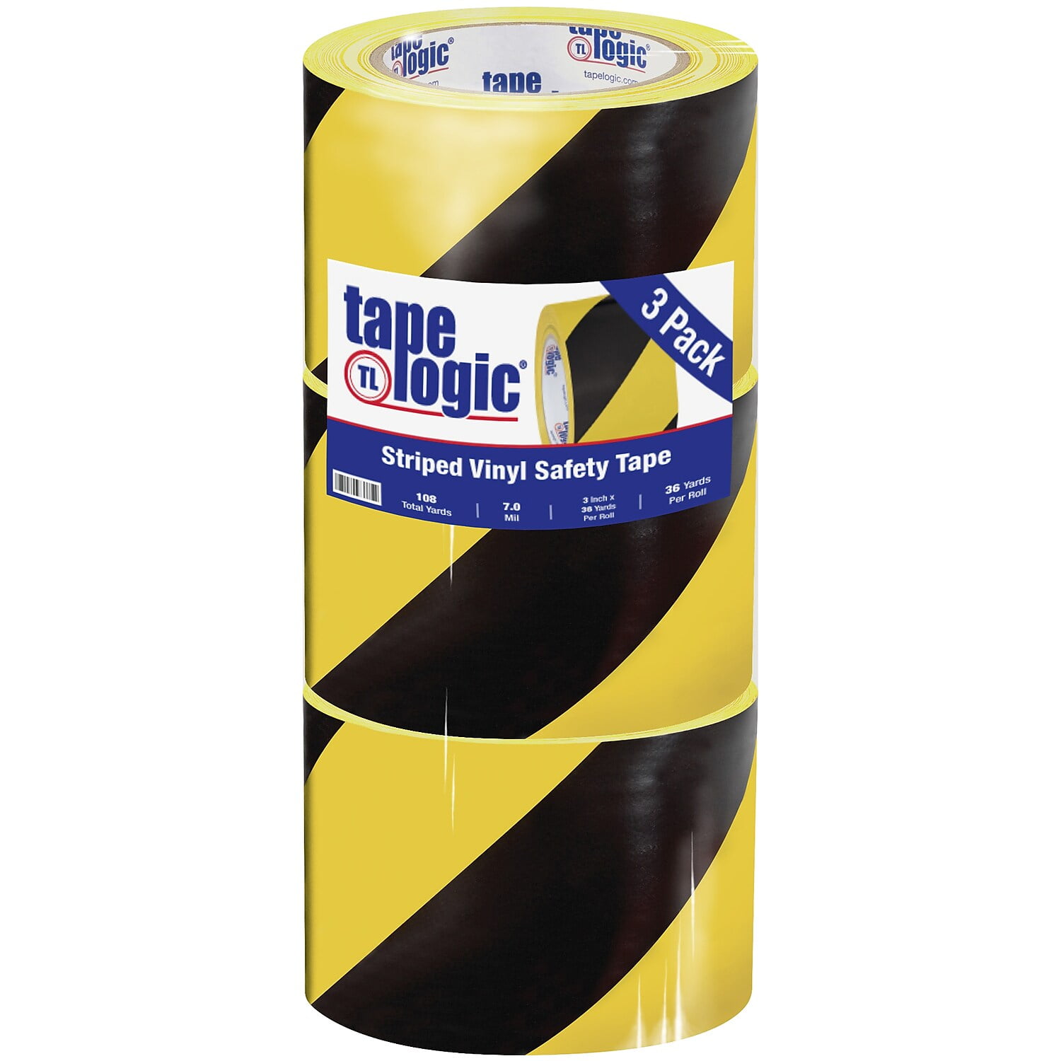 Black & Yellow Striped Vinyl Safety Tape - 3 in. x 36 yds - Pack of 3 - Heavy-Duty