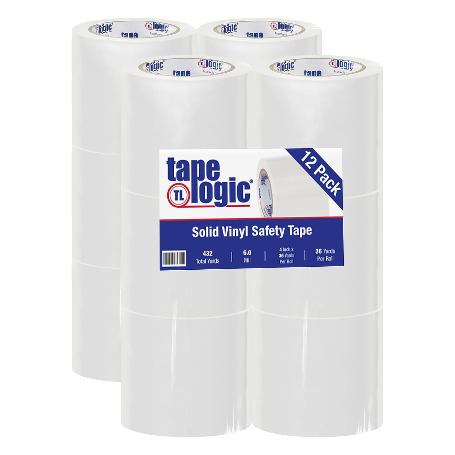 4 in. x 36 yards White Solid Vinyl Safety Tape - Case of 12