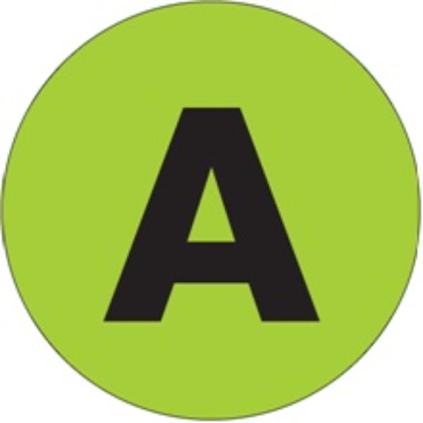 Tape Logic DL7001 2 in. Circle A Fluorescent Green Letter Labels