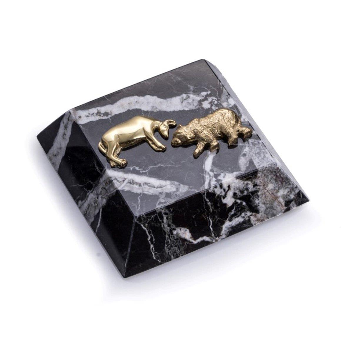 Picture of Bey-Berk International R25B Black Zebra Marble Paperweight with Antique Gold Plated Stock Market Emblem
