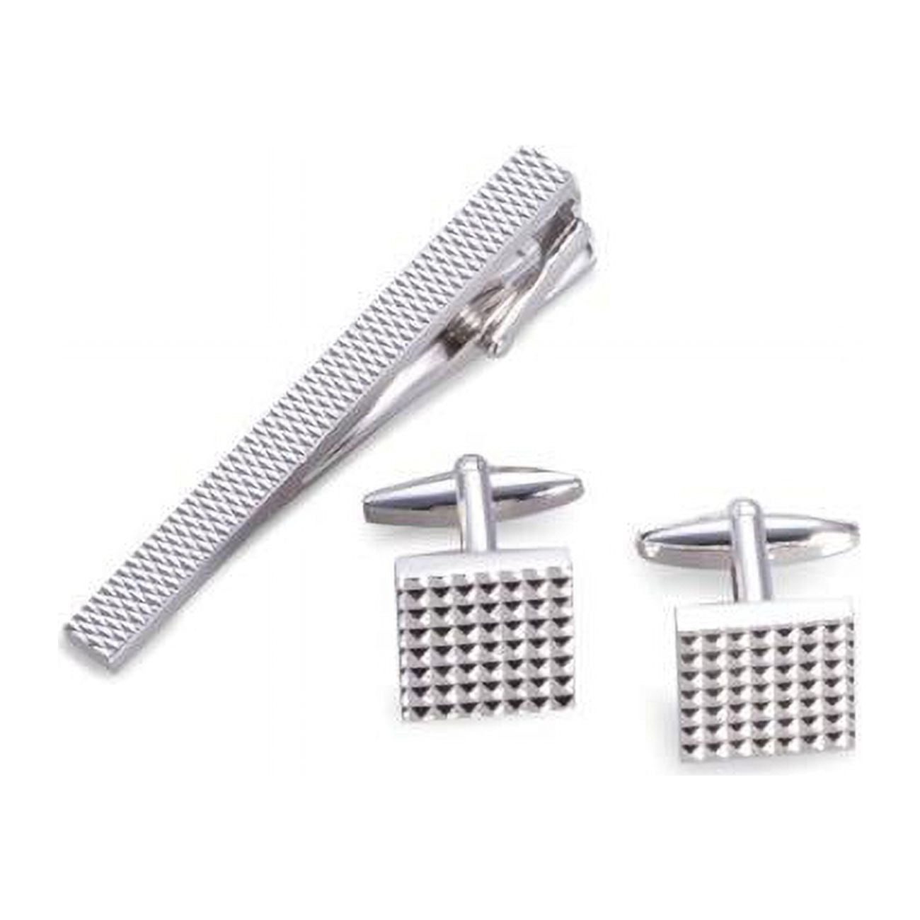 Picture of Bey-Berk International J197SET Rhodium Plated Cufflink &amp; Tie Pin Set with Checkered Design - Silver