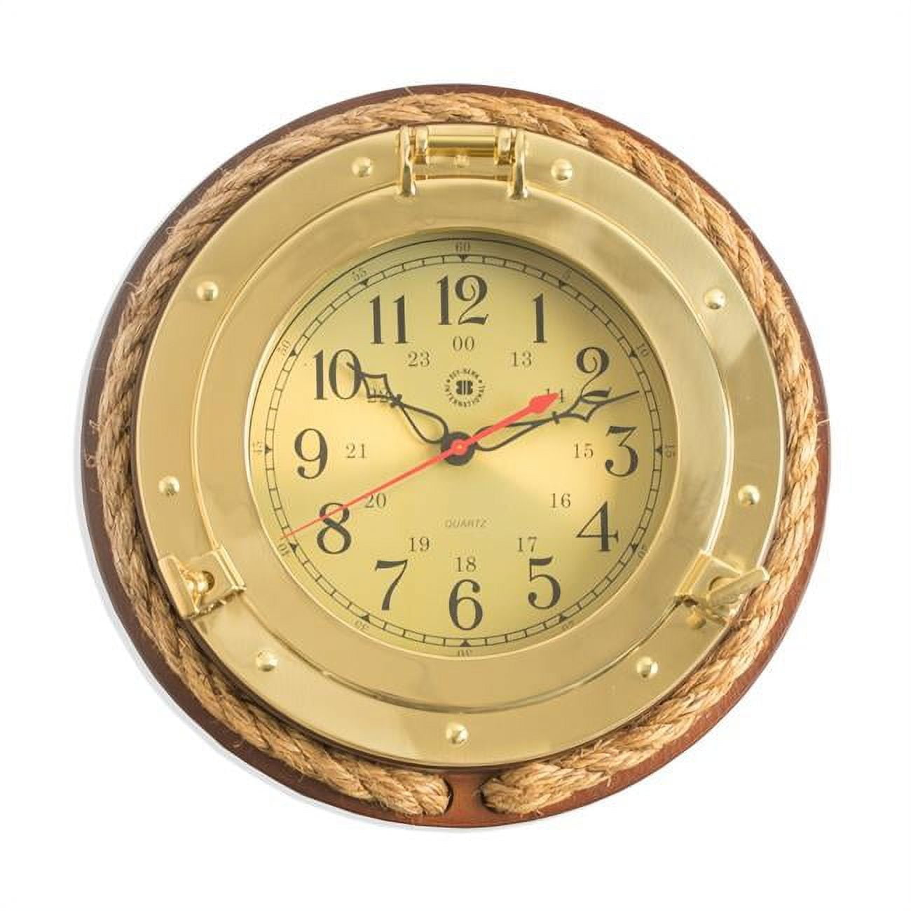 Picture of Bey-Berk International SQ501 Brass Porthole Quartz Clock with Fishermans Rope on Dark Cherry Wood &amp; Gold