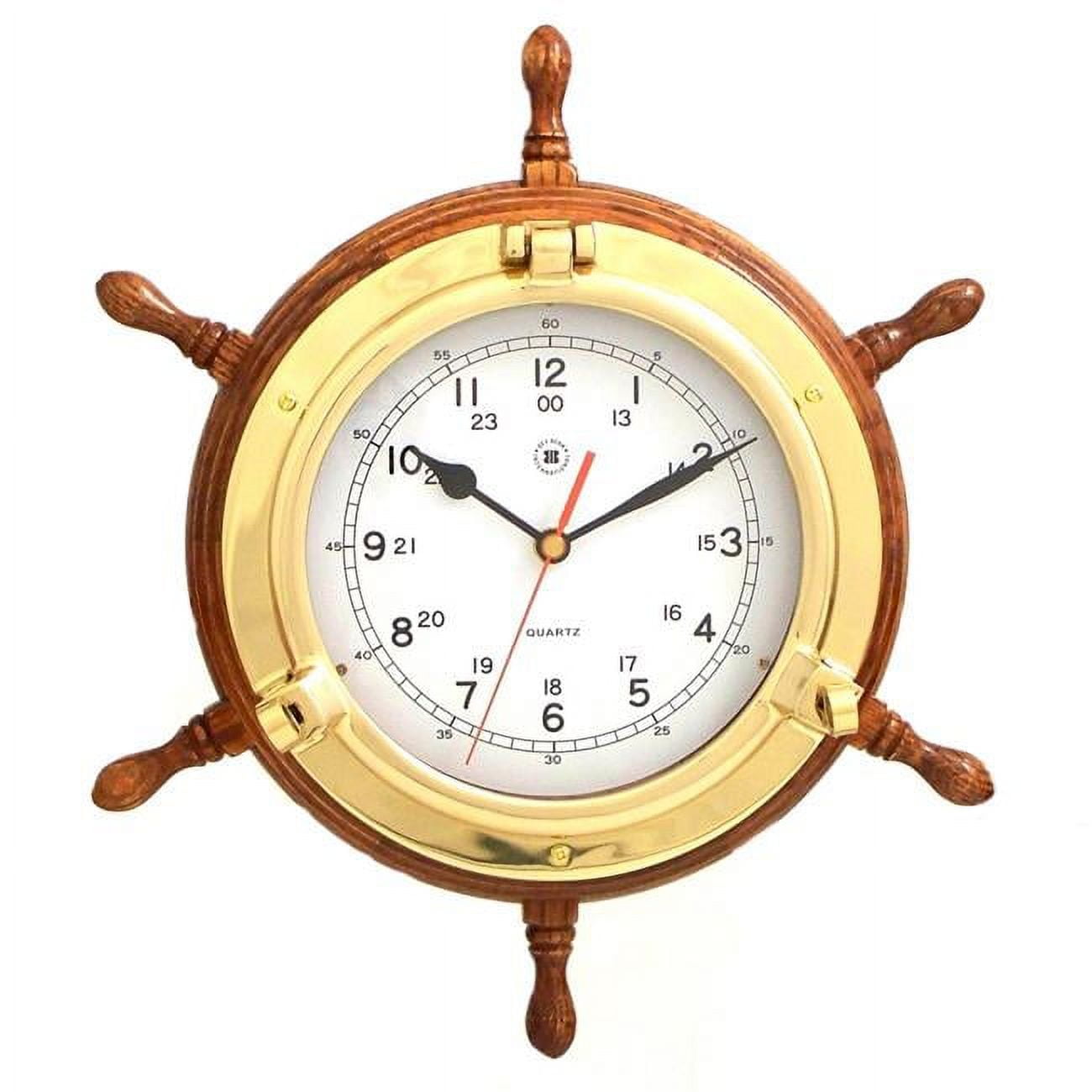 Picture of Bey-Berk International SQ509 Lacquered Brass Porthole Quartz Clock with Ships Wheel in Oak Wood &amp; Gold