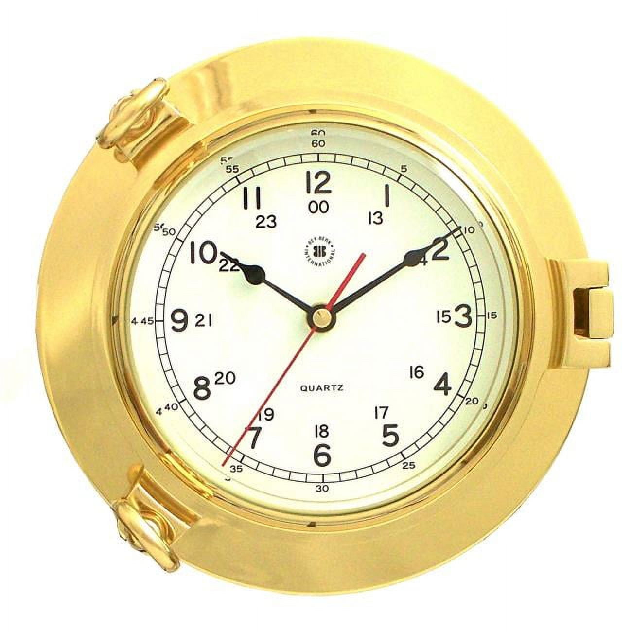 Picture of Bey-Berk International SQ513 Lacquered Brass Porthole Quartz Clock with Beveled Glass, Gold - 9 x 2.5 in.