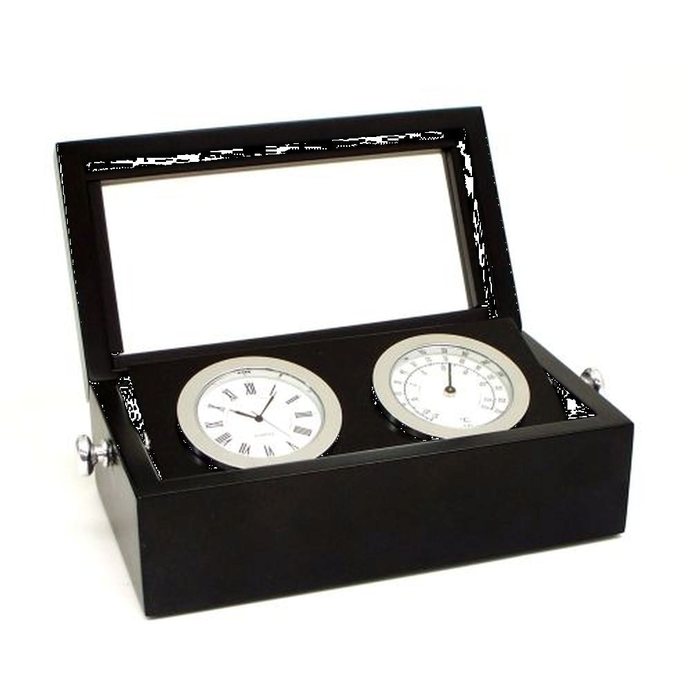 Picture of Bey-Berk International SQB570T Chrome Clock &amp; Thermometer in Black Hinged Box with Glass Top