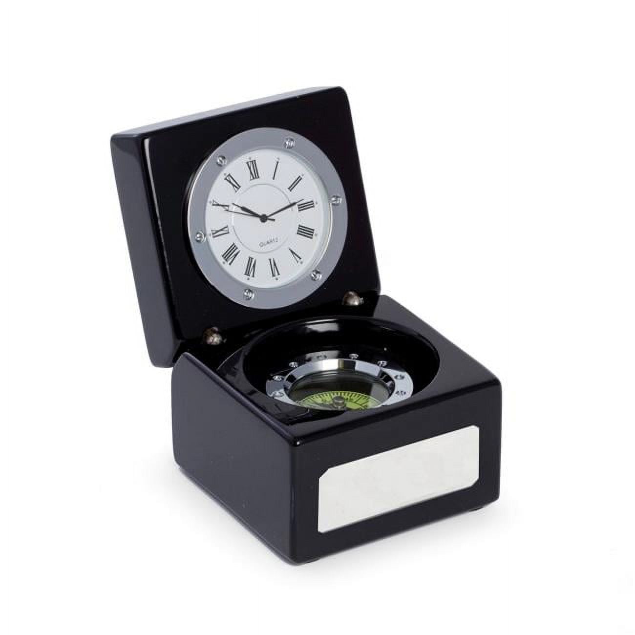 Picture of Bey-Berk International SQ577T Compass &amp; Clock in Lacquered Black Finish Hinged Box with Chrome Accents