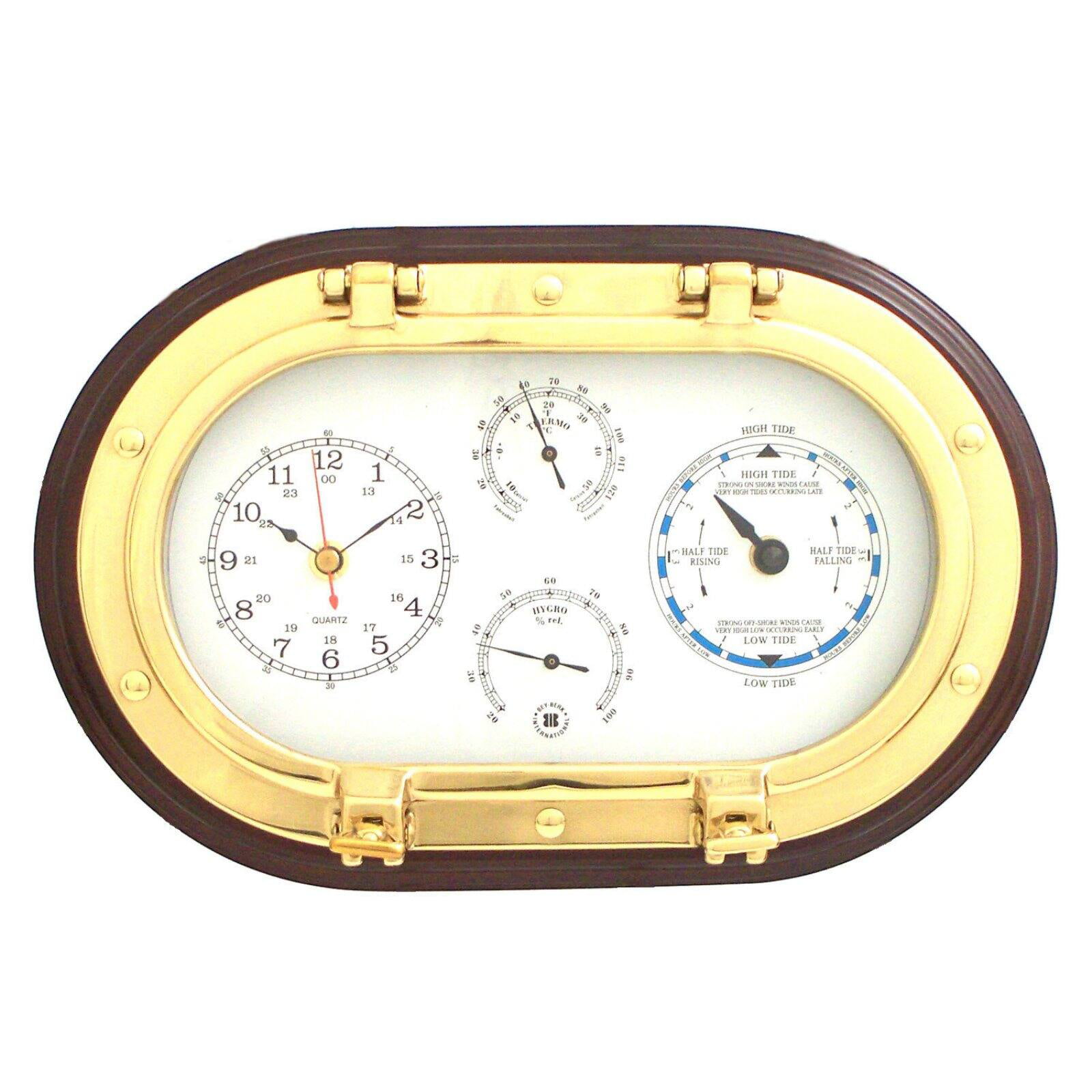 Picture of Bey-Berk International SQB579 Lacquered Brass Oval Porthole Quartz Tide &amp; Time Clocks - Mahogany