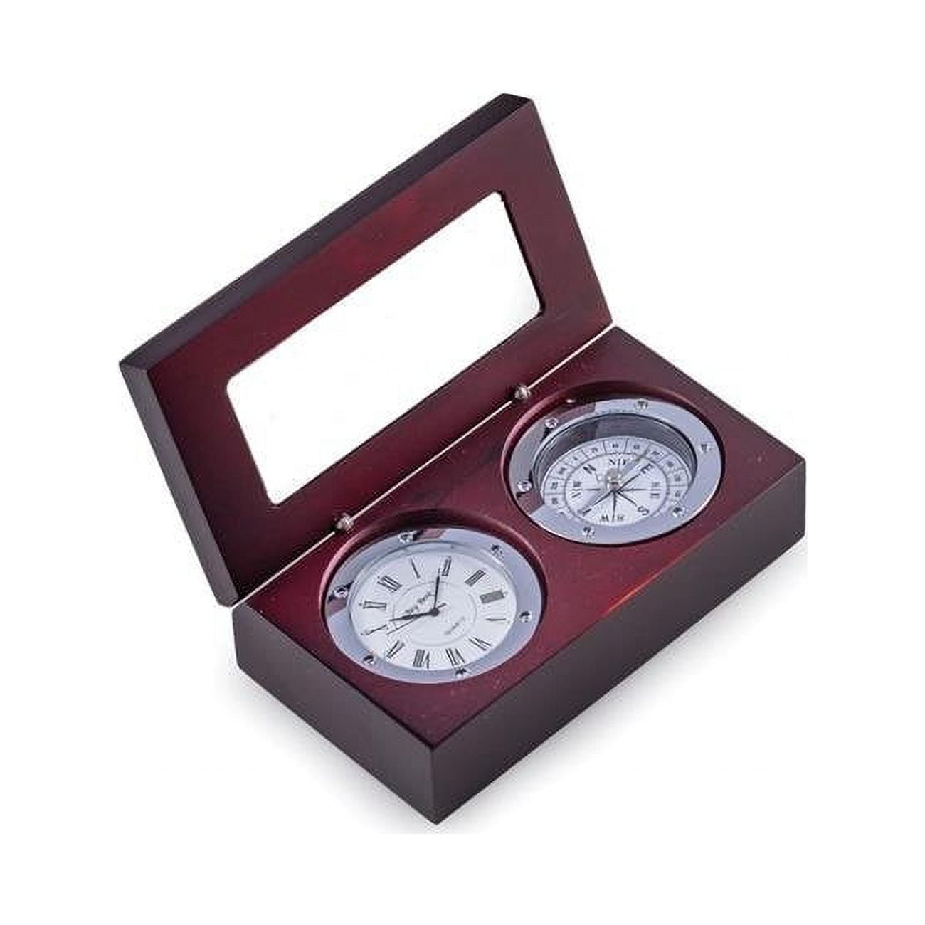 Picture of Bey-Berk International SQ569T Compass &amp; Clock in Mahogany Hinged Box