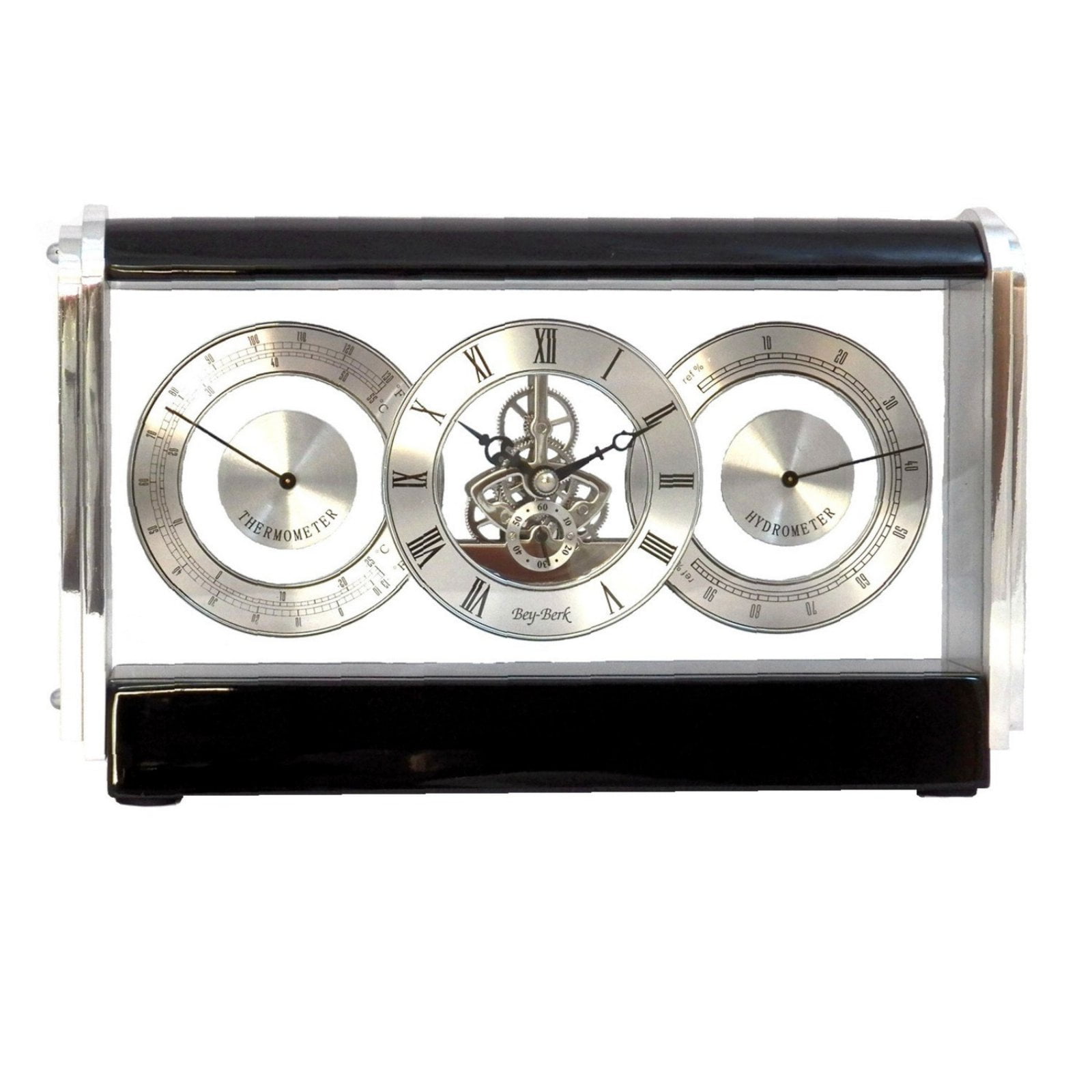 Picture of Bey-Berk International SQB583T Quartz Clock with Thermometer &amp; Hygrometer Lacquered Black Wood